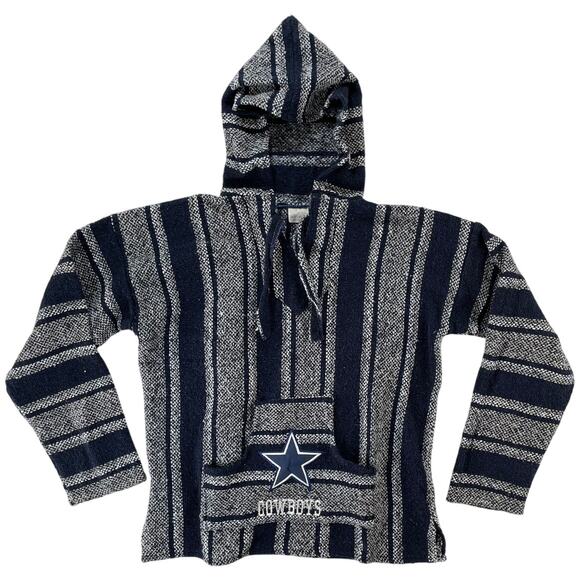 Dallas Cowboys Baja Hoodie Jerga Mexican Poncho Striped Navy Gray M - Picture 1 of 8